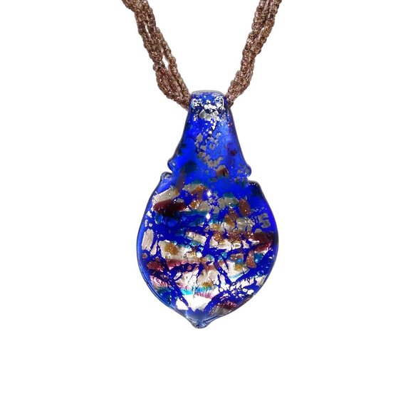 Dichroic Art Glass Modernist Pendant on Multi Strand Seed Bead Necklace, Vivid - Picture 2 of 5